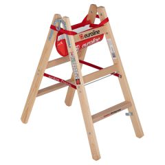Euroline Holz Sprossenstehleiter mit Comfort-Breitsprossen, Eimerhaken und Werkzeugablagetasche 2x3 Sprossen