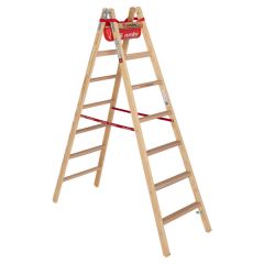 Euroline Holz Sprossenstehleiter mit Comfort-Breitsprossen, Eimerhaken und Werkzeugablagetasche 2x7 Sprossen