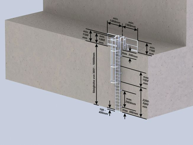 MUNK ortsfeste Steigleitern Aluminium eloxiert, 14,28m SH PG1