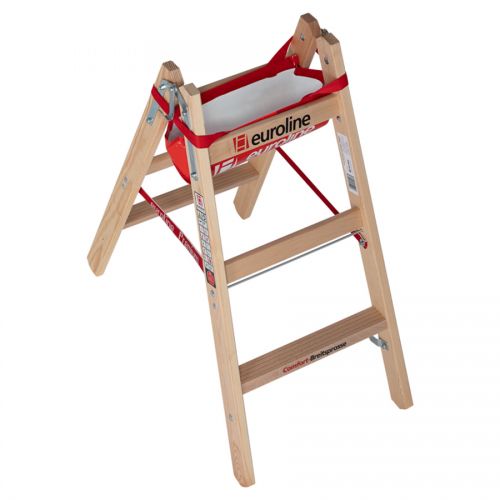 Euroline Holz Sprossenstehleiter mit Comfort-Breitsprossen, Eimerhaken und Werkzeugablagetasche 2x3 Sprossen