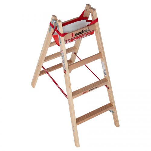 Euroline Holz Sprossenstehleiter mit Comfort-Breitsprossen, Eimerhaken und Werkzeugablagetasche 2x4 Sprossen
