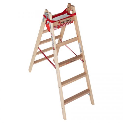 Euroline Holz Sprossenstehleiter mit Comfort-Breitsprossen, Eimerhaken und Werkzeugablagetasche 2x5 Sprossen