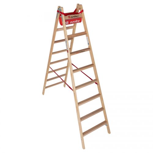 Euroline Holz Sprossenstehleiter mit Comfort-Breitsprossen, Eimerhaken und Werkzeugablagetasche 2x8 Sprossen