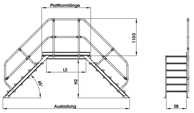 MUNK Überstieg 45° inkl. einen Handlauf, Stufenbreite 1000mm, 2x6 Stufen