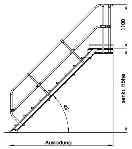 MUNK Treppe mit Plattform 45° inkl. einen Handlauf, 800mm Stufenbreite, 16 Stufen