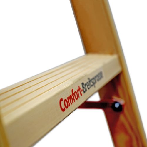Euroline Holz Sprossenstehleiter mit Comfort-Breitsprossen, Eimerhaken und Werkzeugablagetasche 2x5 Sprossen