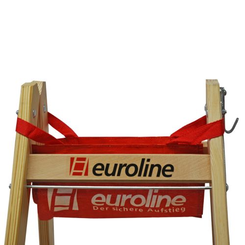 Euroline Holz Sprossenstehleiter mit Comfort-Breitsprossen, Eimerhaken und Werkzeugablagetasche 2x5 Sprossen